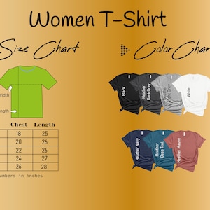 Pu&ograve; includere: Tabella delle taglie per t-shirt da donna con misure in pollici. La tabella mostra le misure del torace e della lunghezza per le taglie S, M, L, XL e 2XL. Una tabella dei colori mostra i colori disponibili: nero, blu navy melange, grigio scuro melange, grigio chiaro melange, bianco, blu petrolio melange e malva melange.