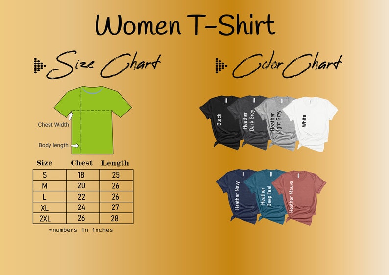Pu&ograve; includere: Tabella delle taglie per t-shirt da donna con misure in pollici. La tabella mostra le misure del torace e della lunghezza per le taglie S, M, L, XL e 2XL. Una tabella dei colori mostra i colori disponibili: nero, blu navy melange, grigio scuro melange, grigio chiaro melange, bianco, blu petrolio melange e malva melange.