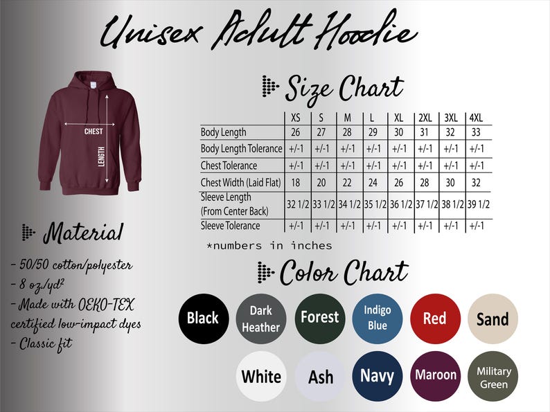 the size chart for a men's hoodie
