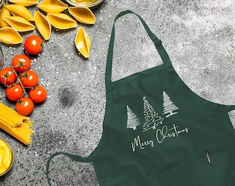 Women Merry Christmas Apron, Christmas Dinner Apron, Cute Christmas Gift, Leopard Print Christmas Tree Apron, Women Holiday Apron