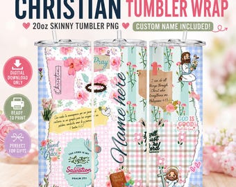 Christian Tumbler Wrap PNG, Personalized 20oz Skinny Tumbler Design, Custom Name Sublimation, Floral Bible Verse Wrap, Faith Gift, Digital D