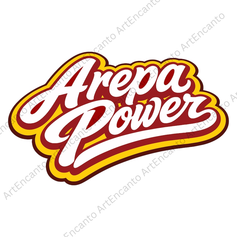 May include: A logo with the words "Arepa Power" in white, outlined in a dark red and yellow border. The text is in a bold, cursive font, and the overall design is eye-catching and vibrant.