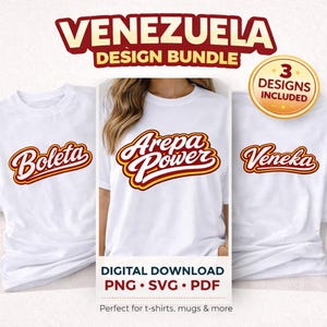 Puede incluir: Un paquete de diseños para camisetas blancas con tres diseños con texto en un esquema de color rojo y amarillo. Los diseños incluyen las palabras "Boleta", "Arepa Power" y "Veneka". La imagen también incluye el texto "VENEZUELA DESIGN BUNDLE" y "3 DESIGNS INCLUDED".