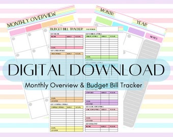 Paquete de presupuesto mensual / Descarga digital / Resumen mensual y seguimiento de facturas de presupuesto / Presupuestos arcoíris