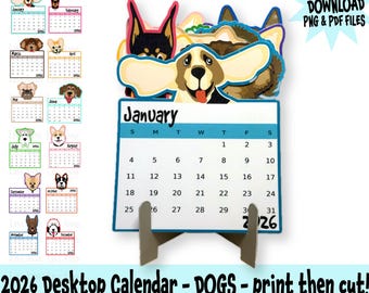 2026 Dog Desk Calendar Print Then Cut | Digital Download | Silhouette | Circut | PDF | PNG