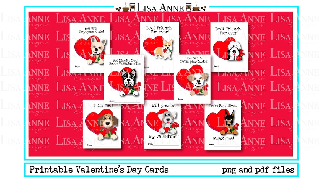 Dog Printable Valentine Cards for Kids, Instant Download, Digital ...
