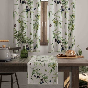 Watercolor Olive Branch Curtain, Mediterranean Kitchen Drape, Italian Home Decor