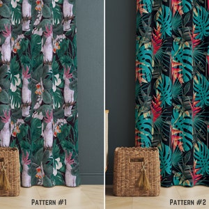 Tropical Leaves Window Curtain, Palm Leaf Design Curtain, Cockatoo Parrot Window Treatments for Living Room, Green Leaf Curtains, Home Gift