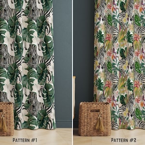 Tropical Green Leaves Window Curtain, Zebra Decorative Curtains, Boho Jungle Window Treatments for Living Room, Safari Curtains For Bedroom