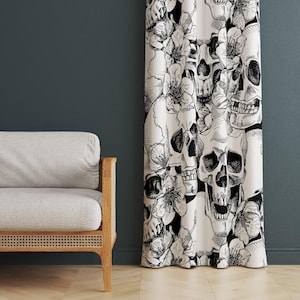 Skull and Flower Curtain Panels, Halloween Living Room Drapes, Spooky Bedroom Window Treatments, Gothic Curtains, Halloween Door Curtain