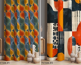 May include: Two fabric curtains displayed side-by-side. The left curtain, labeled Pattern #1, features a repeating wave pattern in orange, yellow, blue, and green. The right curtain, labeled Pattern #2, displays a block print with orange, black, and cream shapes.