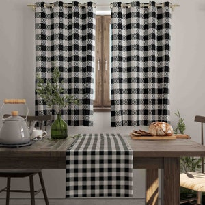 Black White Plaid Design Drapes, Custom Size Decorative Curtain, Yellow Window Covering, Tartan Style Valance for Kitchen, Curtain Panels