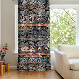 Panel de cortina estilo boho patchwork - Tratamiento de ventana étnico con estampado paisley