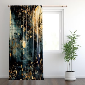 Moonlight Curtains, Boho Mystic Music Note Window Panel, Golden Leaf Nature Drapes, Gothic Forest Curtain for Living Room and Studio Decor