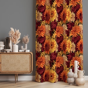 Autumn Flowers Window Drapes, Floral Curtains for Living Room, Orange Yellow Flowers Window Treatments, Fall Theme Kitchen Window Covering