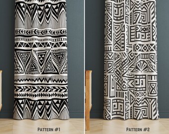 Black and White Afrocentric Curtains, Mudcloth Style Tribal Drapes, Ethnic Geometric Window Treatment