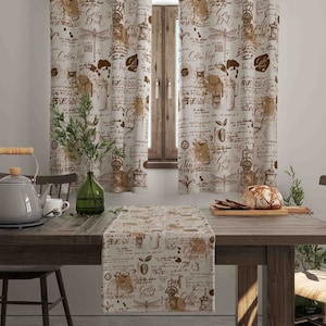 Cortina de ventana con estampado de granos de café, mezcla de poliéster y algodón