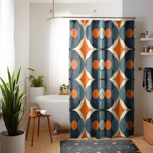 Tende da doccia geometriche astratte, tende da bagno con motivo senza cuciture, tende da doccia moderne blu-arancio, decorazione contemporanea per il bagno
