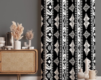 Black and White Tribal Curtains, Bohemian Geometric Window Panels, Aztec Print Drapes