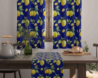 Zitronen-Geblümte Designvorhänge, Zitrus-Landvorhang, dunkelblaue gelbe Fensterbedeckung für Esszimmer, Obst-Küchen-Volant, Trendvorhang