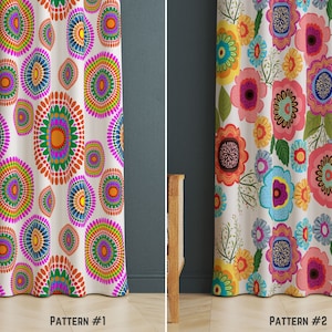 Boho Mandala and Retro Floral Curtains, Pink and Orange 70s Flower Decor
