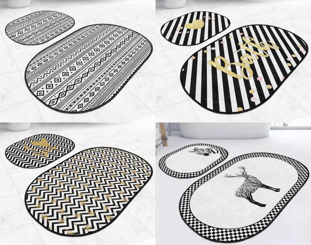 Oval Bath Mat Set of 2 White Black Bathroom Decor Zigzag Etsy
