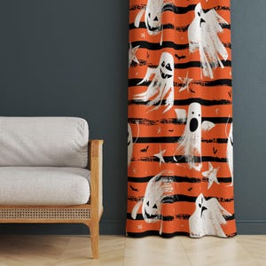 Ghost Theme Curtain Panels, Orange Halloween Window Treatments, Spooky Cafe Drapes with Stripes, Bat Pattern Curtains, Haunted House Decor