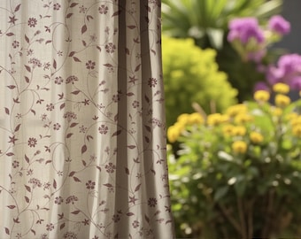 Cortina de lino con estampado floral burdeos, cortinas con estampado botánico de enredaderas, panel de ventana a medida.