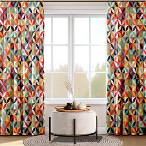 Abstract Window Curtain, Retro Window Treatments, Living Room Curtain Panels, Multicolor Bedroom Drapes, Geometric Kitchen Window Valances