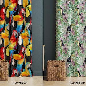 Colored Parrot Style Window Curtain, Toucan Print Decor Curtain, Tropical Window Treatments for Living Room, Decorative Curtains for Bedroom