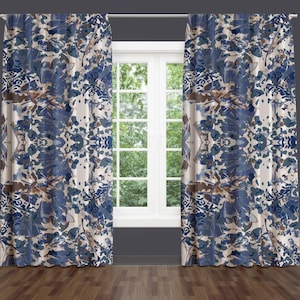 Abstract Style Window Treatments, Blue and Brown Jungle Pattern Drapes, Modern Boho Symmetrical Curtain Panel, Digital Artistic Home Decor