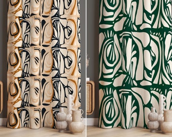 Modern Abstract Window Curtains, Abstract Boho Pattern Drape, Modern Window Shade, Bohemian Window Covering, Green Beige Drape, Boho Decor