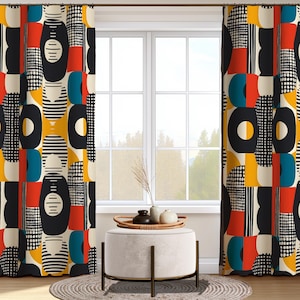 Retro Style Curtain Panel, Mid Century Modern Window Treatment, Abstract Design Drape, Bold Colors Fabric, Geometric Pattern Custom Curtain