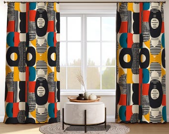 抽象的なレトロデザインのカーテン、カラフルなミッドセンチュリー