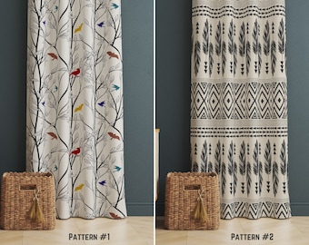 Vintage Decor Curtains, Scandinavian Style Drapes, Bird Print Decorative Curtain, Window Treatments for Living Room Decor, Housewarming Gift