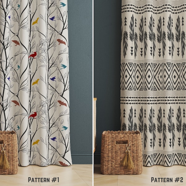 Vintage Decor Curtains, Scandinavian Style Drapes, Bird Print Decorative Curtain, Window Treatments for Living Room Decor, Housewarming Gift