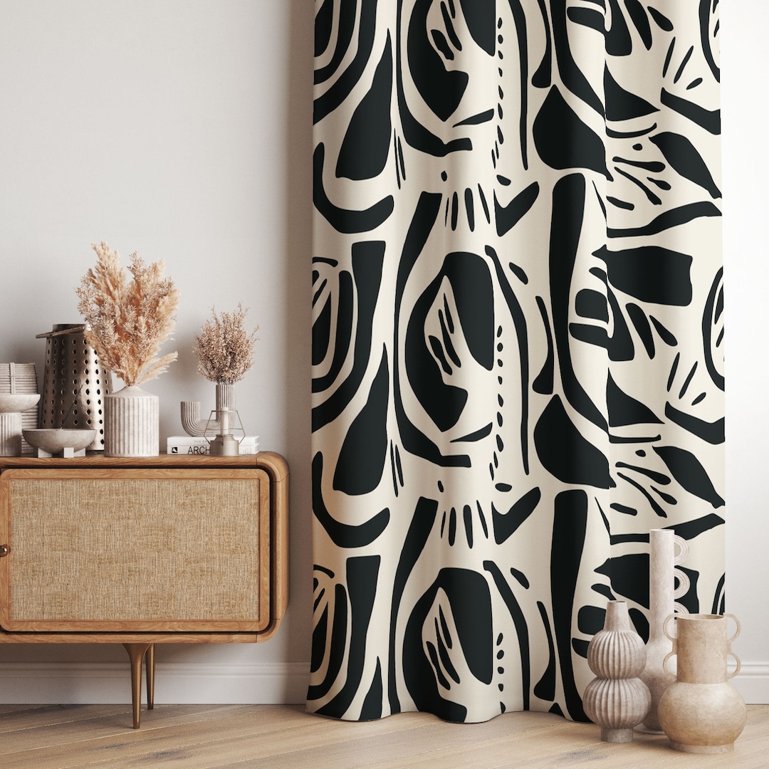 Abstract Curtain Panels, Black White Living Room Curtain, Modern