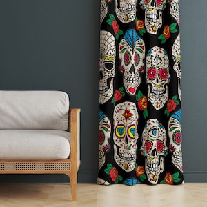 Halloween Theme Curtain Panel, Living Room Curtain with Skulls, Gothic Bedroom Drapes, Halloween Cafe Curtains, Spooky Home Decorations
