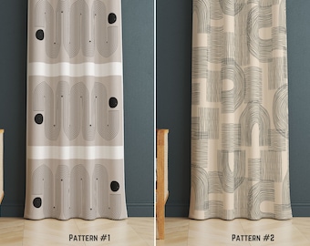 Abstract Line Art Curtain Panel, Minimalist Arch Print, Beige Black Boho Decor