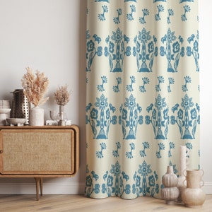 Blue Floral Window Curtains, Minimalist Dining Room Curtain Panels, Chic Kitchen Window Covering, Floral Door Drapes, Valances for Bedroom