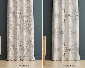 Tende da finestra beige e grigie, stampe di linee astratte scandinave o piastrelle vintage