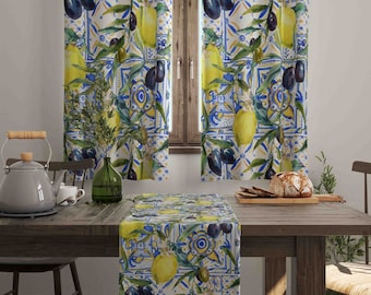 Olive und Zitrone dekorative Vorhänge, weich mediterran drapieren, blau gelb Esszimmer Volant, Küchenfensterabdeckung, Küchenvorhänge