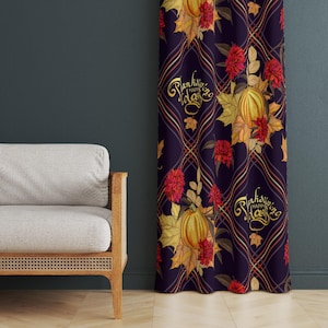 Fall Theme Curtains, Happy Thanksgiving Day Curtain, Fall Pumpkins and Leaves Drapery, Chrysanthemum Pattern Curtain Panel, Autumn Decor