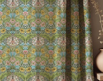 Cortinas florales estilo William Morris, cortinas botánicas maximalistas, estampado floral vintage en verde oliva y verde salvia.