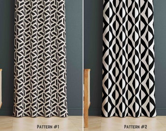 Black and White Geometric Curtain Panel - Modern Patterned Window Drapes