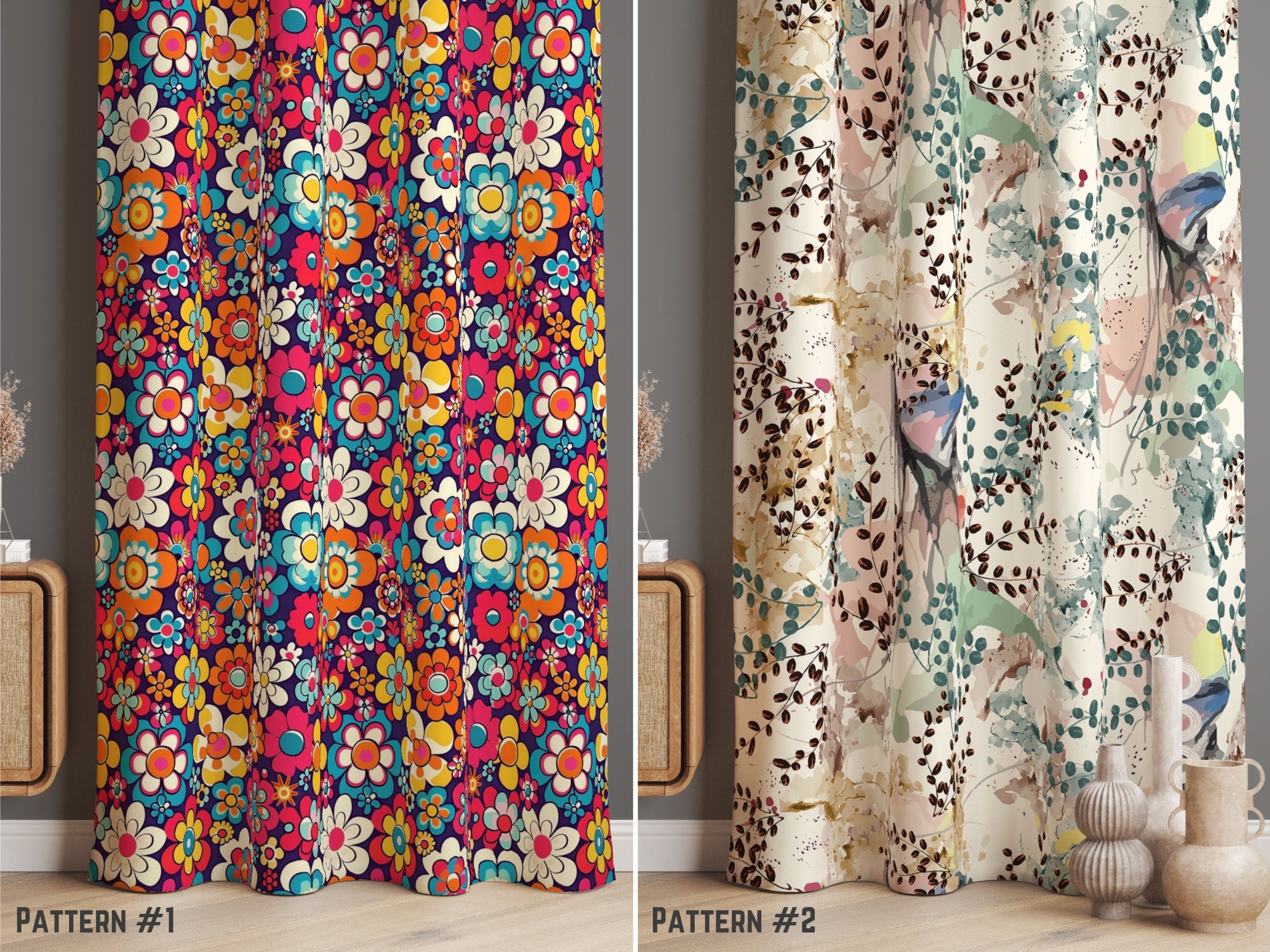 Colorful Flowers Window Curtain, Floral Kitchen Window Drape, Abstract Plants Window Treatment, Modern Boho Drape for Bedroom, Bohemian Deco