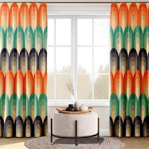 Mid Century Modern Curtain Panels, Abstract Rainbow Curtain, 70s Retro Window Drapes, Boho Bedroom Window Treatments, Retro Cafe Curtains