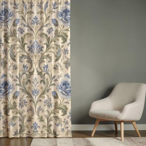 Blaue, geblümte Damast-Fenstervorhänge – Französischer Landhausstil