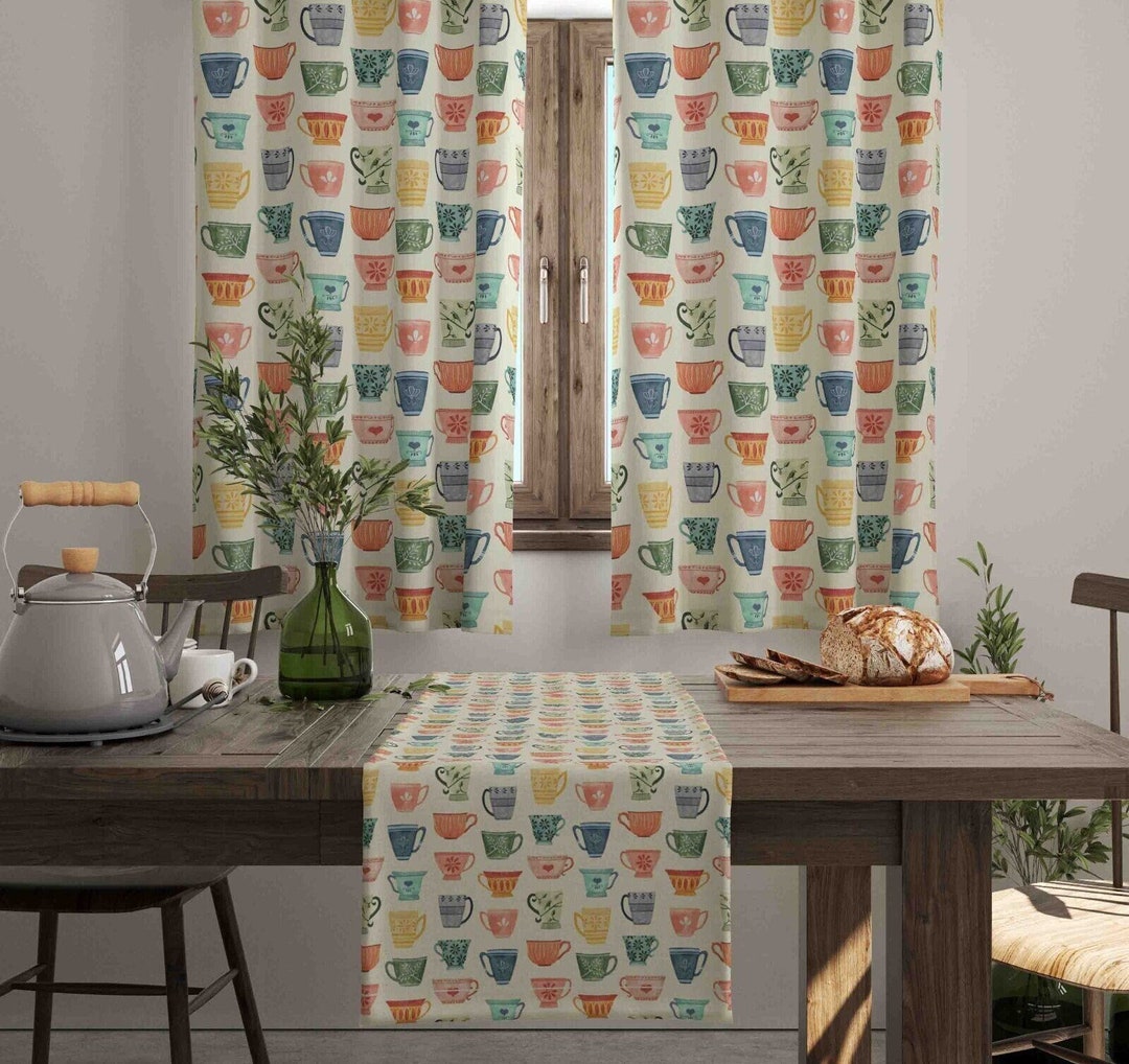 Teacup Pattern Window Curtains, Kitchen Drapes, Farmhouse Decor - Etsy