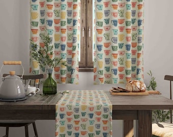 Tende da finestra con motivo a tazze da tè, tende da cucina, decorazioni in stile rustico